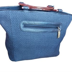 Vtg Women SUSANGAIL BL& brow wood/woven Handbag 10"x16"